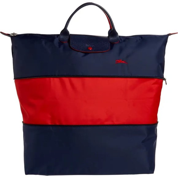 NWT LONGCHAMP Le Pliage Club Expandable Handheld Travel L Weekender Navy Red - Picture 1 of 11